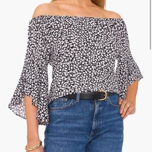 Vince Camuto Black and White Floral Blouse Off the Shoulder Medium